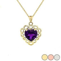 10k 14k Solid Gold Amethyst Filigree Heart February Birthstone Pendant Necklace - £77.01 GBP+