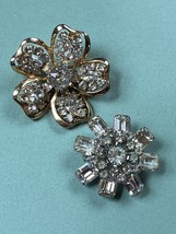 Vintage Lot of Clear Rhinestone Goldtone or Silvertone Flower Brooch Pin - - $14.89