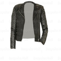 New Women&#39;s Black Silver Studded On Sleeves Brando Punk Biker Leather Ja... - $242.99+