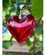 Red Glass Heart Necklace Large Puffy Heart Pendant Deep Red Heart Choker  - $19.77