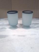 Two Hand Blown Frosted Footed Mexican Beer / Margarita Glasses Blue Rim 5&quot; Tall - £11.86 GBP