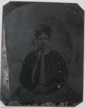 Tintype Photo Young Lady Woman Polka Dot Dress Bonnet Hat Ribbon Antique 1860s - £23.59 GBP