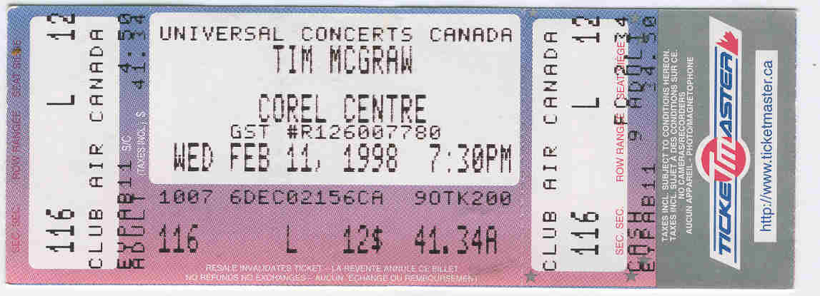 TIM McGRAW 1998 Full Ticket Stub Corel Centre Ottawa Mint Condition Univ... - $7.77