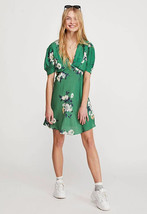 Free People Sz 2 Neon Garden Mini Dress Green Multi Floral Puff Sleeve $348! - £15.47 GBP