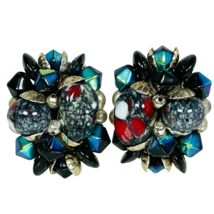 Clip-On Cluster Earrings Glass Metal Beads Aqua Blue Red Black Silver Japan 1&quot; - £16.77 GBP
