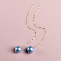 Real Gold Earrings Natural Freshwater pearl Long Blue 7-8AU750 Brand Jewelry Wom - £55.15 GBP