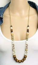 LOFT Gold Tone Jasper Wood Glass Bead Necklace - £17.13 GBP