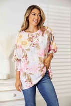 Double Take Floral Round Neck Three-Quarter Sleeve Top - £25.02 GBP