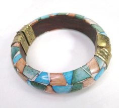 Vintage Horn Inlaid Bone Chunky Bangle Bracelet Hinged Brass pin Pastel Wood 60s - $24.70