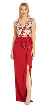 Adrianna Papell Crimson/Nude Draped Column Gown with Embroidered Bodice  Gown  2 - £126.61 GBP