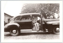 1940s Photo Of A Lady And Her Plymouth De Luxe Car Black And White - $12.82