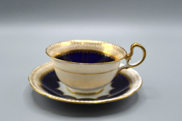 Aynsley Teacup Saucer Navy Blue White Starburst Gold Hertford Bone China England - £26.15 GBP