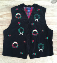 Karen Scott Womens L Christmas Black Velvet Embroidered Vest Wreath Poinsettias - £23.17 GBP