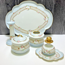 Antique Hand Painted Limoges Dresser Set Pink Roses Gold Trays Perfume C... - £112.92 GBP