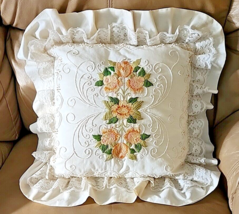 Floral Bouquet Pillow White Peach Roses Candlewick Embroidery Crewel Hand-sewn - $56.09