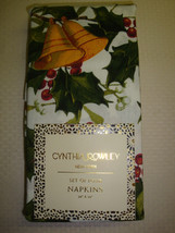 New Cynthia Rowley 100% Cotton 4 Dinner Napkins 20&quot; x 20&quot; Christmas Holly Bells - £17.84 GBP