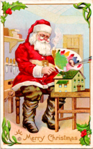 Postcard Santa Painting Dollhouse Merry Christmas Embossed #227C Early 1900s USA - £9.55 GBP