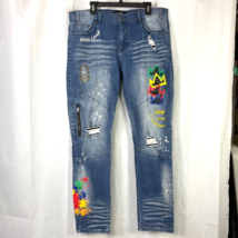 Blac Leaf King Painted Distressed Sewn Denim Stretch Blue Jeans sz 38 x ... - $72.35