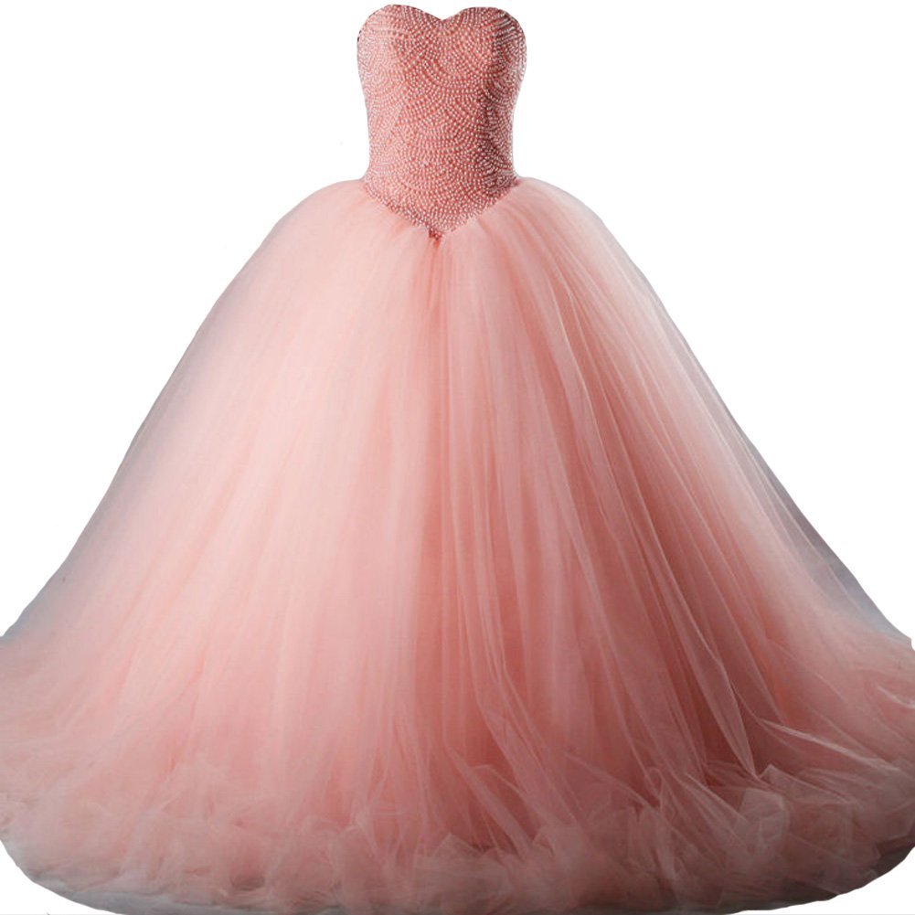 Kivary Sweetheart Pearls Long Ball Gown Tulle Corset Prom Quinceanera Dresses Bl