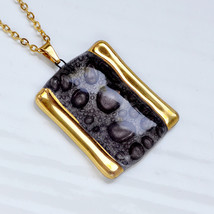 Necklace - pendant handmade bubble brown glass with gold, rectangle - £19.03 GBP