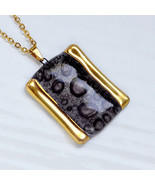 Necklace - pendant handmade bubble brown glass with gold, rectangle - $23.90