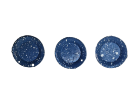 Vintage Miniature Enamelware Plates Lot of 3 Blue White Splatter 3/4&quot; Doll Size - £11.04 GBP