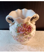 VINTAGE ORNATE BISQUE CHINA 2 HANDLE VASE - RAISED ROSES - $222.41 MXN