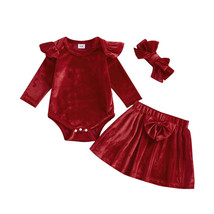 2024 Baby Girl Christmas Outfit, Ruffle Velvet Romper &amp; Skirt 3-Piece Set - £23.89 GBP