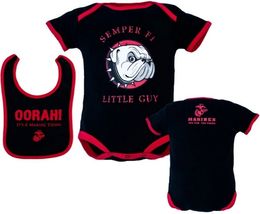 2-Piece USMC &#39;Semper Fi Little Guy&#39; Bulldog Baby Bodysuit &amp; &#39;Oorah&#39; Bib Set - £30.95 GBP