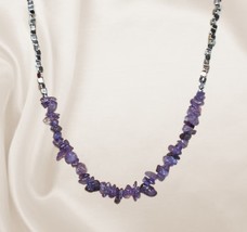 Fashion Gemstone Amethyst Chips bead Necklace Long silvertone beads j6 - $11.50