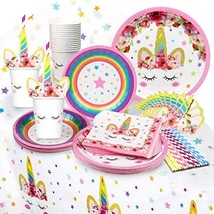 Girls Unicorn Birthday Party Kit Tableware Plates Cups Napkins Straws Ta... - $24.20