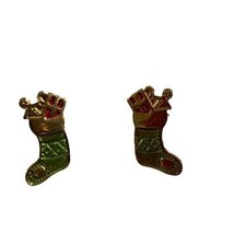 Christmas Stocking Gold Tone Metal Earrings Red Green Enamel Pierced Studs - £7.00 GBP