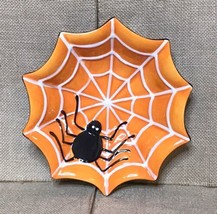 Rare Clay Art Black Spider Orange Spiderweb Bowl Candy Dish Halloween Go... - $21.78