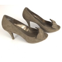 Sam &amp; Libby Womens Heels Size 7.5 Brown Suede Peep Toe Bow Slip On norm core - £15.13 GBP
