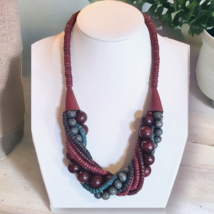 Blue Sage Brown Wood Beaded Necklace Statement Beach Boho 22&quot; - $6.16