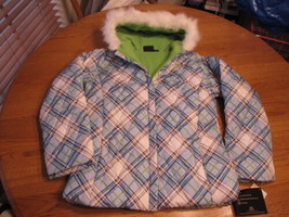 Girls Pacific Trail puffy jacket  L 14 blue green gray plaid 2F11603 NWT 80.00^^ - £8.25 GBP