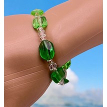 Handmade Green Beaded Stretch Bracelet Clear Bead Accents - $10.49