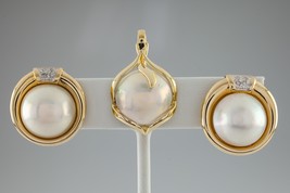 Mabe Pearl and Diamond 14k Yellow Gold Earrings &amp; Pendant Jewelry Set - €1.504,13 EUR