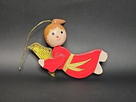Vintage Hand Painted Wooden Angel playing Harp Christmas Ornament 3in - $16.95