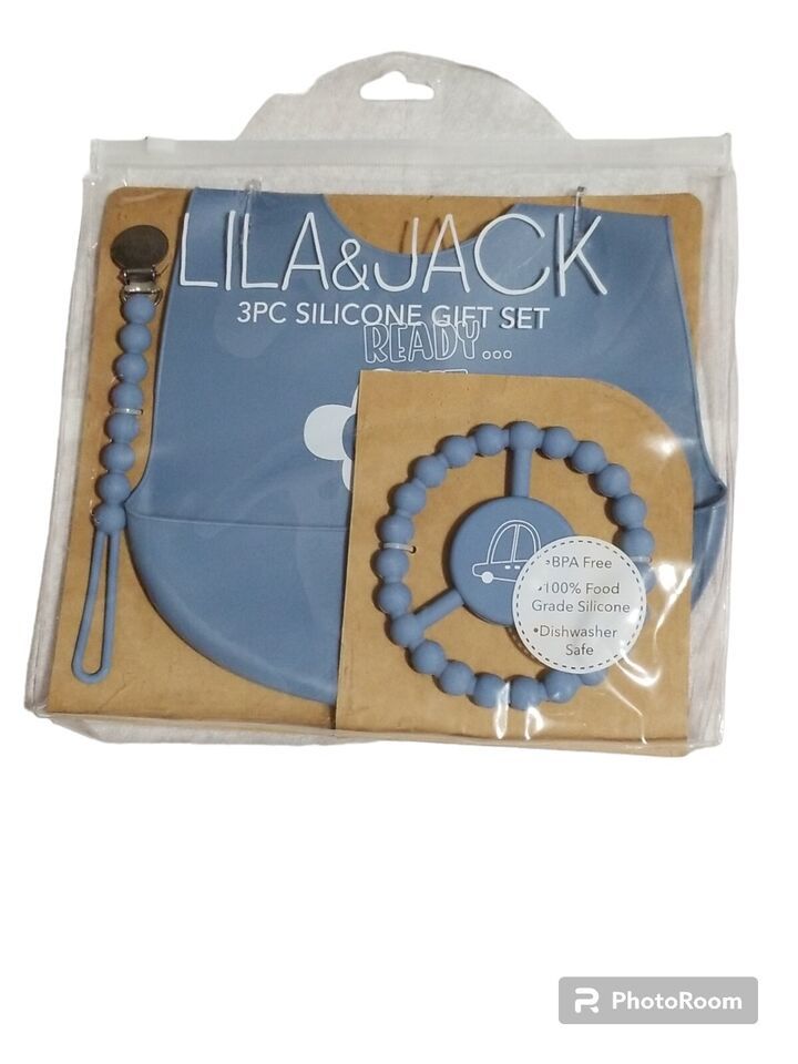 Lila &amp; Jack Silicon Gift Set Bib Pacifier Clip Teether Baby Toddler New - $15.82