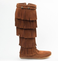 Minnetonka 1658 5-Layer Fringe Moccasin Boots Size 7 Brown Suede Leather Zip Up - £47.06 GBP