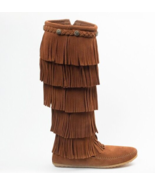 Minnetonka 1658 5-Layer Fringe Moccasin Boots Size 7 Brown Suede Leather... - $59.99