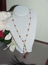 Modern Amber Resin Bead 24&quot; Silver Tone Chain Necklace Double Drop Cente... - £38.71 GBP
