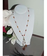 Modern Amber Resin Bead 24&quot; Silver Tone Chain Necklace Double Drop Cente... - £38.94 GBP