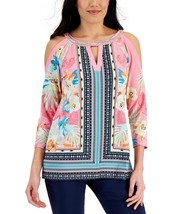 MSRP $45 Jm Womens Mixed-Print Cold-Shoulder Top Pink Size Small - £13.22 GBP