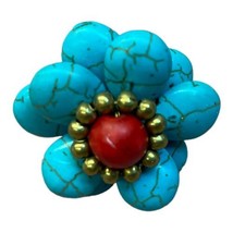 Vintage Turquoise Stone Flower Brass Wire Wrap Ring - £17.79 GBP