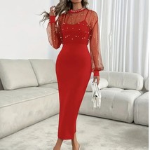 Pearl-Embellished Bodycon Dress – Red, Mesh Long Sleeves &amp; Choker Neck (... - $21.78