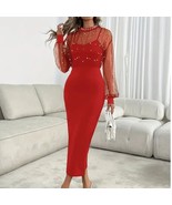 Pearl-Embellished Bodycon Dress – Red, Mesh Long Sleeves &amp; Choker Neck (... - $401.70 MXN