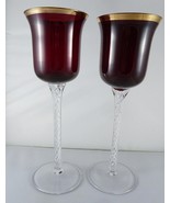 VTG Burgundy Wine glasses w Gold Rim and unique Swirled glass stem 8&quot; se... - $44.65 CAD