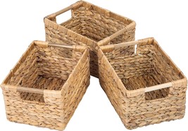 Natural Water Hyacinth Storage Basket With Handle, Rectangular, 3 Pack Medium - £81.40 GBP